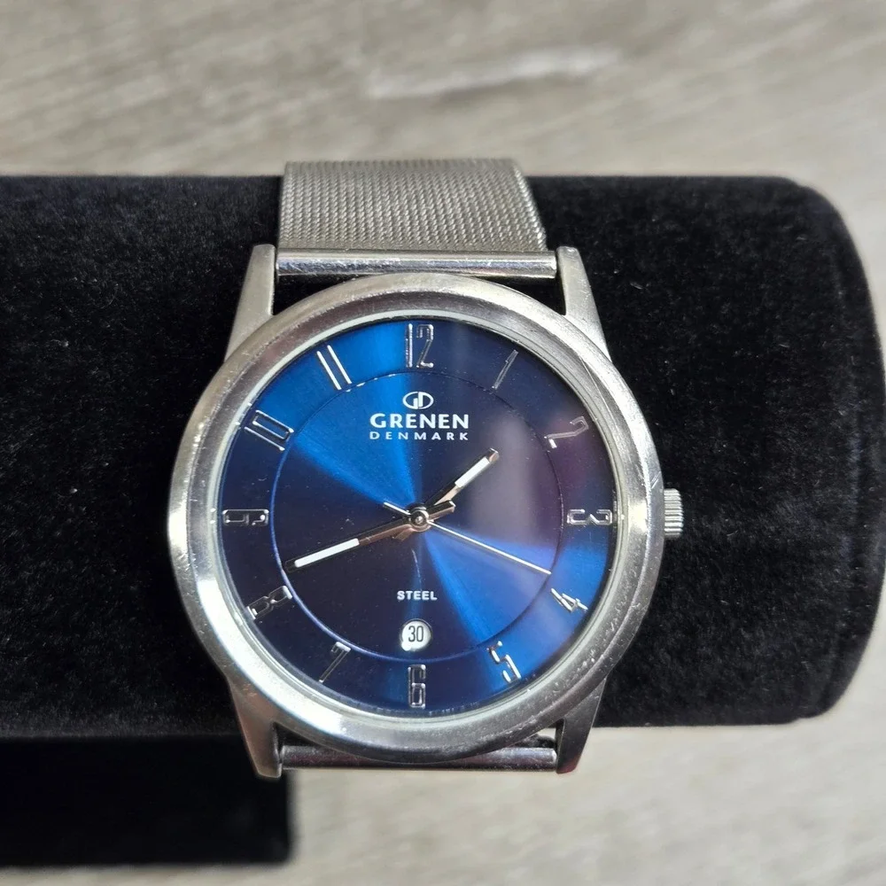 Grenen Denmark Watch Stainless Steel Blue Dial Mesh Band Date Mens M-24XLSSN Gif